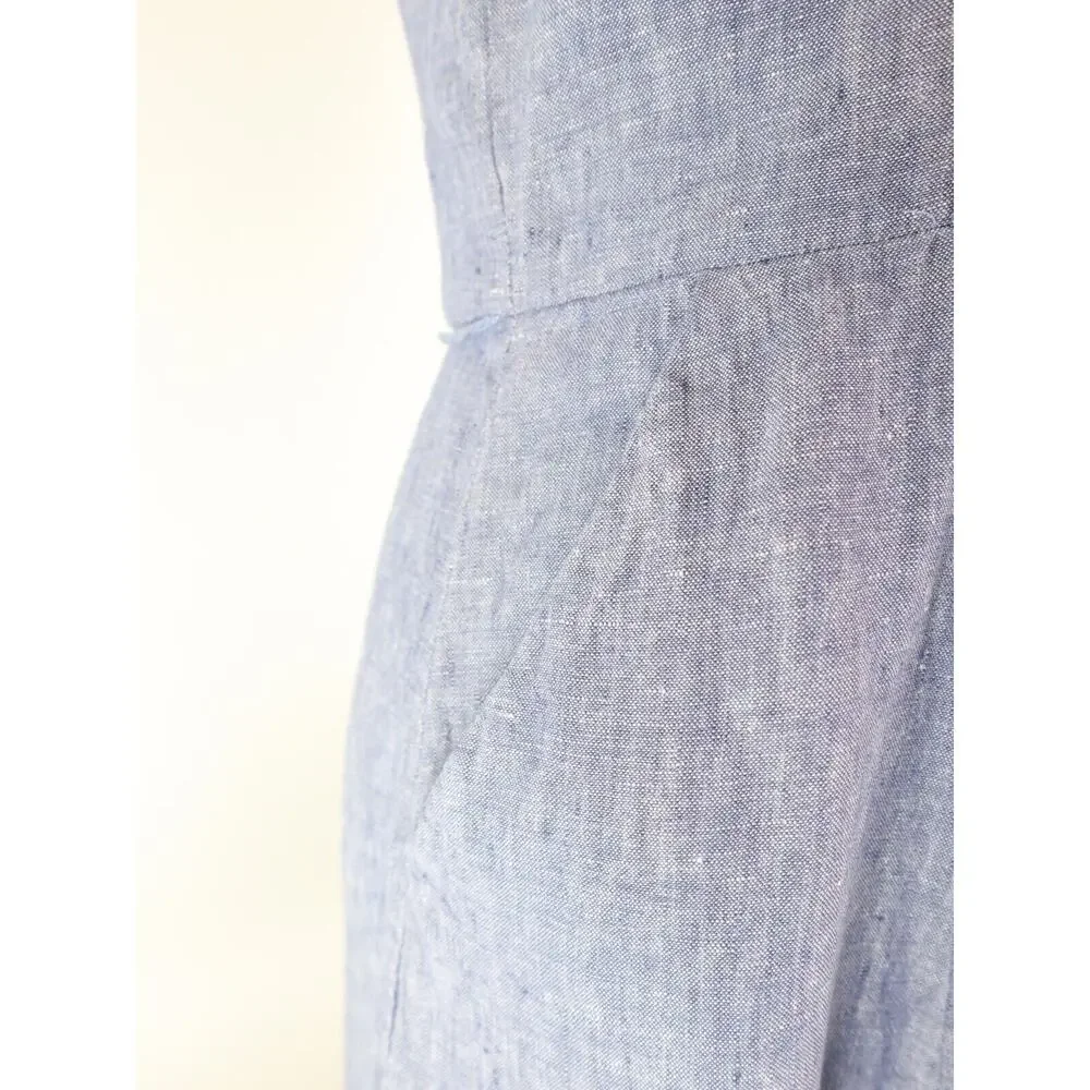 Tahari Size 4 Linen Sleeveless Shirt Dress Collared Embroidered Blue - Picture 9 of 12